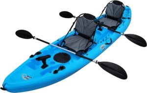 
BKC TK219 12.2' Tandem SIt On Top Kayak W/Upright Aluminum Frame Backrest Support Seats, Paddles, 6 Fishing Rod Holders Included 2-3 Person Angler Kayak