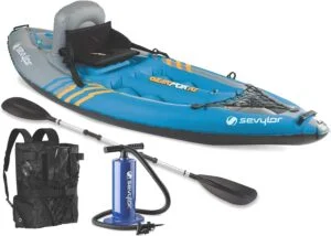  Sevylor QuickPak K1 1-Person Inflatable Kayak, Kayak Folds into Backpack with 5-Minute Setup, 21-Gauge PVC Construction; Hand Pump & Paddle Included
