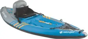  Sevylor QuickPak K1 1-Person Inflatable Kayak, Kayak Folds into Backpack with 5-Minute Setup, 21-Gauge PVC Construction; Hand Pump & Paddle Included