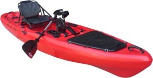 BKC PK13 13' Pedal Drive Fishing Kayak W/Rudder System and Instant Reverse, Paddle, Upright Back Support Aluminum Frame Seat, 1 Person Foot Operated Kayak