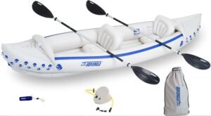  Sea Eagle SE370 Inflatable Sports Kayak -1-3 Person-Portable Stowable & Lightweight-with Seat(s), Paddle(s), Electric Pump and Bag