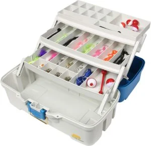 Plano Ready-Set-Fish 3-Tray Tackle Box with Tackle, Aqua Blue/Tan, One Size 